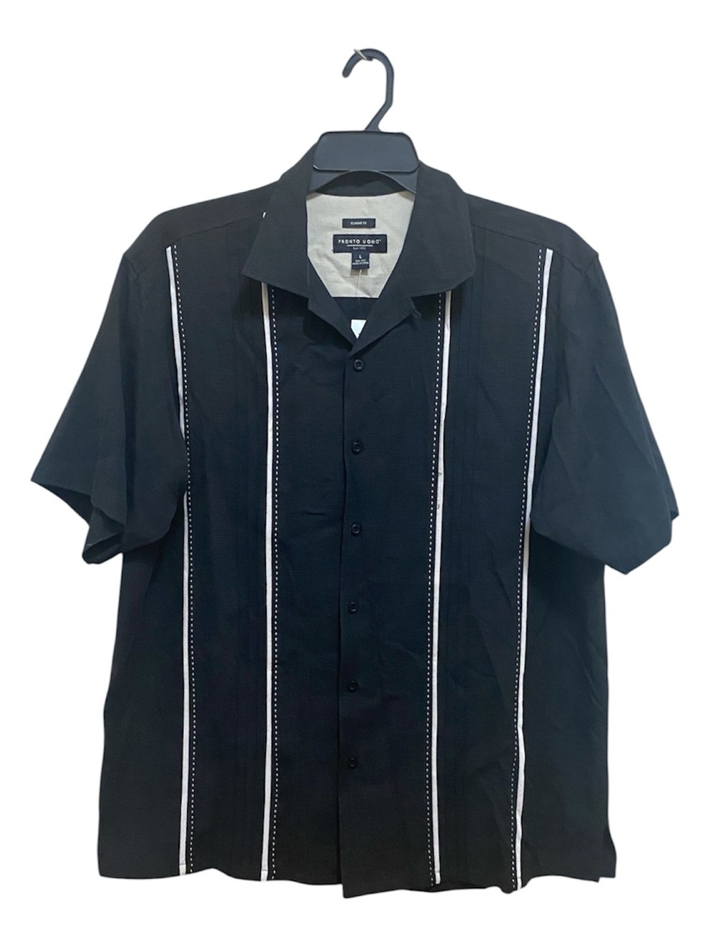 Pronto Uomo Black Short-Sleeve silk Button-Down Shirt with White Stripe Accents